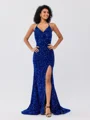 Sheath V-neck Sweep Train Velvet Sequins Dress