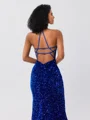 Sheath V-neck Sweep Train Velvet Sequins Dress