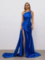 Sheath Straight Pleated Sweep Train Silk Like Satin Dress
