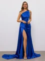 Sheath Straight Pleated Sweep Train Silk Like Satin Dress