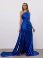 Sheath Straight Pleated Sweep Train Silk Like Satin Dress