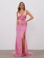 Sheath V-neck Sweep Train Velvet Sequins Dress