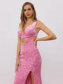 Sheath V-neck Sweep Train Velvet Sequins Dress