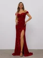 Sheath Off-the-Shoulder Pleated Sweep Train Velvet Sequins Dress