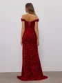 Sheath Off-the-Shoulder Pleated Sweep Train Velvet Sequins Dress