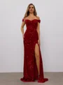 Sheath Off-the-Shoulder Pleated Sweep Train Velvet Sequins Dress