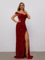 Sheath Off-the-Shoulder Pleated Sweep Train Velvet Sequins Dress