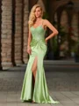 Sheath V-neck Appliques Lace Sweep Train Silk Like Satin Corset Dress