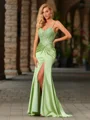 Sheath V-neck Appliques Lace Sweep Train Silk Like Satin Corset Dress