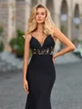 Sheath V-neck Appliques Lace Sweep Train Jersey Dress