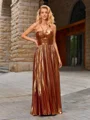 A-line Halter Pleated Floor-Length Metallic Satin Dress