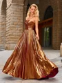 A-line Halter Pleated Floor-Length Metallic Satin Dress