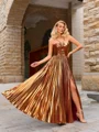 A-line Halter Pleated Floor-Length Metallic Satin Dress