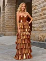 A-line Sweetheart Cascading Ruffles Sweep Train Metallic Satin Dress