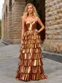 A-line Sweetheart Cascading Ruffles Sweep Train Metallic Satin Dress