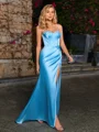 Sheath Spaghetti Straps Rhinestone Sweep Train Silk Like Satin Corset Dress