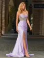 Sheath Spaghetti Straps Beading Sweep Train Silk Like Satin Corset Dress