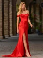 Sheath Off-the-Shoulder Pleated Court Train Silk Like Satin Dress