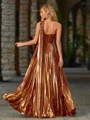 A-line One-Shoulder Pleated Floor-Length Metallic Satin Dress