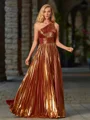 A-line One-Shoulder Pleated Floor-Length Metallic Satin Dress