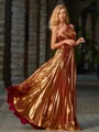 A-line One-Shoulder Pleated Floor-Length Metallic Satin Dress
