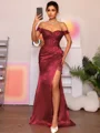 Sheath Off-the-Shoulder Appliques Lace Sweep Train Silk Like Satin Corset Dress