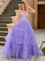 A-line V-neck Appliques Lace Court Train Tulle Corset Dress