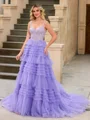 A-line V-neck Appliques Lace Court Train Tulle Corset Dress