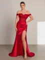 Sheath Off-the-Shoulder Appliques Lace Sweep Train Elastic Woven Satin Corset Dress