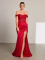 Sheath Off-the-Shoulder Appliques Lace Sweep Train Elastic Woven Satin Corset Dress