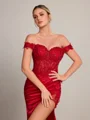 Sheath Off-the-Shoulder Appliques Lace Sweep Train Elastic Woven Satin Corset Dress