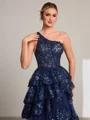 A-line One-Shoulder Appliques Lace Sweep Train Tulle Corset Dress