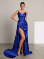Sheath V-neck Pleated Sweep Train Elastic Woven Satin Dress