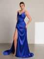 Sheath V-neck Pleated Sweep Train Elastic Woven Satin Dress