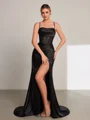 Sheath Spaghetti Straps Pleated Sweep Train Silk Like Satin Corset Dress
