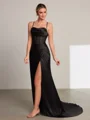Sheath Spaghetti Straps Pleated Sweep Train Silk Like Satin Corset Dress