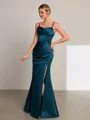 Sheath Spaghetti Straps Pleated Floor-Length Satin Dress