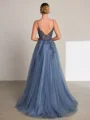 A-line V-neck Beading Sweep Train Tulle Dress