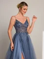 A-line V-neck Beading Sweep Train Tulle Dress