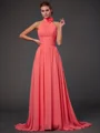 A-line/Princess Halter Sweep Train Chiffon Bridesmaid Dresses With Flower
