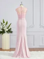 Trumpet/Mermaid High Neck Floor-Length Stretch Crepe Bridesmaid Dresses with Appliques Lace