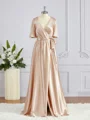 A-Line/Princess V-neck Floor-Length Silk like Satin Bridesmaid Dresses with Belt/Sash