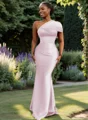 Sheath One-Shoulder Pleated Floor-Length Satin Bridesmaid Dress