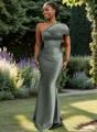 Sheath One-Shoulder Pleated Floor-Length Satin Bridesmaid Dress