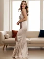 Sheath V-neck Pleated Floor-Length Silk Like Satin Bridesmaid Dress