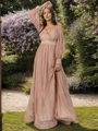 A-line V-neck Long Sleeves Pleated Floor-Length Bridesmaid Dress