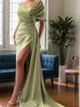 Sheath Pleated Court Train Silk Like Satin Bridesmaid Dress