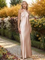 Sheath/Column Halter Pleated Floor-Length Silk Like Satin Bridesmaid Dress