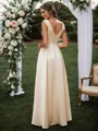A-line/Princess V-neck Pleated Floor-Length Satin Bridesmaid Dress