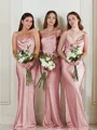Sheath/Column Straps Sweep Train Silk Like Satin Bridesmaid Dresses With Ruffles